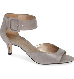 'Berlin' Sandal, Main, color, PEWTER SUEDE Dress Sandals, Sandal Women, Elegant Dress, Bridal Accessories, Low Heels, Elegant Dresses, Soft Leather, Ankle Strap, Kitten Heels