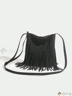 Bird in Bag - Stylish Tassel Shoulder Bag: Exquisite Korean Design, Contemporary Fashion Crossbody Bag for Women Black Rectangular Bag With Fringe, Black Casual Bags With Tassels, Trendy Fringe Satchel Shoulder Bag, Trendy Fringed Satchel Shoulder Bag, Casual Black Bags With Tassels, Black Tassel Crossbody Bag, Chic Fringe Crossbody Shoulder Bag, Casual Black Tassel Bags, Fringe Bucket Bag For Shopping