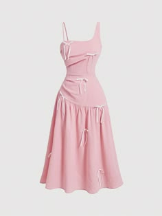 Vintage Solid Color Asymmetric Strap Dress With Bow Decorations,Pink Long Dress Pink Casual,Elegant  Sleeveless Woven Fabric Plain A Line Non-Stretch  Women Clothing, size features are:Bust: ,Length: ,Sleeve Length: Bow Decorations, Shoulder Strap Dress, Pink Long Dress, Mod Vintage, Rose Bonbon, Vestidos Vintage, Dress Store, Vestido Casual, Fashion Design Clothes