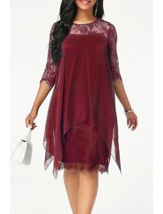 Sheath / Column Mother of the Bride Dress Wedding Guest Plus Size Jewel Neck Knee Length Chiffon Lace Half Sleeve with Lace Fall Fitted Lace Chiffon Dress For Wedding, Elegant Wedding Dress With Overlay, Lace Chiffon Wedding Dress, Summer Wedding Chiffon Lace Dress, Sheer Lace Dress For Mother Of The Bride, Chiffon Dress With Sleeves, Wedding Guest Plus Size, Red Chiffon Dress, Chiffon Lace Dress