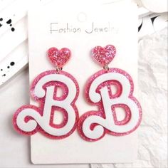 Barbie B Pink And White Glitter Acrylic Stud Earrings For Pierced Ears. Not For Kids Under 8. Barbie Movie Barbiecore Barbie Fashionista Barbie Girl White Earrings For Valentine's Day Party, White Glitter Earrings For Party, White Glitter Party Earrings, Trendy White Earrings For Birthday, White Heart Shaped Earrings For Birthday, White Heart-shaped Earrings For Birthday, Personalized White Earrings For Party, Fashionista Barbie, Earring Frame