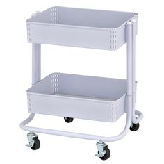 a white cart with two shelves on wheels