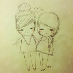 a drawing of two girls standing next to each other, one holding her arm around the other's shoulder