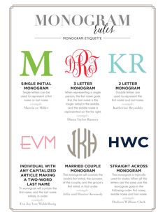 the monogram rules poster with different font styles and colors, including letters that are not in