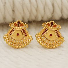 Please click -- Learn more about this item -- below for a full description 22k gold earrings handmade jewelry made in India weight is 3.88 grams approx. length is 1.5 centimeter approx. width is 1.6 centimeter approx. please message me if you want real gold screw/backs. Gold Plated Earrings With Intricate Design For Puja, 22k Gold Jewelry With Matching Earrings For Puja, Elegant Yellow Gold Earrings For Puja, Gold Dual-tone Temple Jewelry Earrings, 22k Gold Plug Earrings For Wedding, Gold Chandbali Earrings For Puja, Wedding 22k Gold Plug Earrings, Gold Earrings For Festive Puja, Gold Earrings For Puja And Festive Occasions