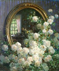 a painting of white flowers in front of a mirror