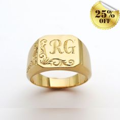 "This is a meaningful personalized monogram ring for men. It is luxurious, bold - and full of presence. This engraved initial ring can pass from one generation to the next, and create a beautiful and exciting family tradition. Get this impressive personalized signet ring to wear proudly and enjoy every day for many years! ✿ Item details ✿ ✿ Materials: - 14k//18k Yellow//Rose//White Gold (per your choice) ✿ Measurements: - Front width: 11 mm (0.43\")  - Back width: - 3.6 mm (0.14\") - Ring's thic Luxury Formal Initial Ring With Hallmarks, Luxury Hallmarked Initial Ring For Formal Occasions, Luxury Engraved White Gold Initial Ring, Luxury Engraved Ring With Polished Finish As Gift, Luxury Engraved Ring With Polished Finish For Gift, Classic Rectangular Signet Ring With Initials, Timeless Monogram Rings As Gift, Classic Monogram Rectangular Jewelry, Timeless Monogram Engraved Ring As Gift