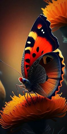 an orange and black butterfly sitting on top of a flower