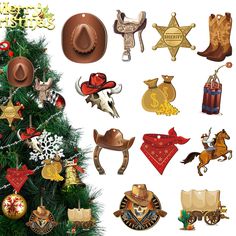 a christmas tree decorated with cowboy themed items