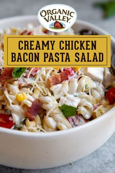 Cold pasta salad in a bowl Pasta Salad Side Dishes, Pasta Dinner Recipes Chicken, Bacon Pasta Salad, Chicken Bacon Pasta, Potluck Side Dishes, Organic Valley, Picnic Lunch, Bacon Pasta, Pasta Dinner Recipes