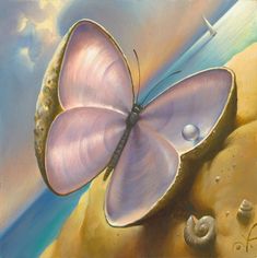 a painting of a purple butterfly on a shell with seashells in the foreground