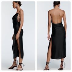 Zara Dress Sleek Midi Party Dress, Evening Midi-length Ruched Backless Dress, Ruched Backless Midi Dress For Evening, Evening Ruched Midi Backless Dress, Evening Ruched Backless Midi Dress, Chic Ruched Backless Midi Dress, Elegant Spring Backless Dress With Ruched Details, Elegant Ruched Backless Dress For Spring, Elegant Spring Backless Ruched Dress