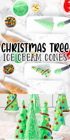 christmas tree ice cream cones on a white plate with the words, christmas tree ice cream cones