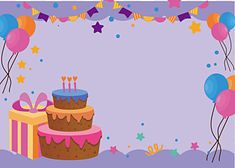 a birthday cake with balloons and streamers on the purple background, celebration, party, festive png and psd