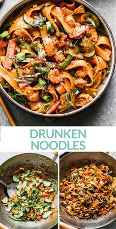 four different pictures of food including noodles, carrots and other vegetables in a skillet