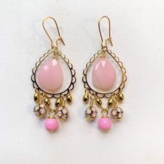 "Stunning dangle lantern earring with faceted teardrop semiprecious stones in choice of 3 colors. Earrings have a 2.75\" drop with  gold plated, nickel free ear wires. These lightweight beauties will be the perfect finishing touch to complete your boho look!" Teardrop Brass Beaded Earrings With Ear Wire, Festive Teardrop Danglers With Pierced Detail, Festive Teardrop Danglers, Pierced, Bohemian Pink Teardrop Dangle Earrings, Long Drop Teardrop Earrings With Dangling Beads, Bohemian Teardrop Pearl Drop Earrings, Nickel-free Teardrop Beaded Brass Earrings, Pink Teardrop Beaded Earrings, Nickel-free Brass Beaded Teardrop Earrings