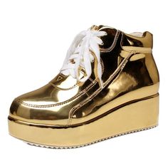 Womens Patent Sneakers Platform Wedge Lace Up Chelsea Ankle Sneakers Shoes - Gold - CM186E50I8M - Women's Shoes, Oxfords  #Oxfords #Women's #Shoes # #Oxfords Summer Wedge Sneakers With Thick Bottom And Round Toe, Wedge Sneakers With Chunky Platform And Round Toe, Spring High Heel Platform Wedge Sneakers, Spring Chunky Platform Wedge Sneakers, Casual Chunky Platform Wedge Boots For Spring, Trendy High Heel Platform Wedge Sneakers, Trendy High-top Height Increasing Wedge Sneakers, Spring Streetwear Platform Sneakers With Wedge Heel, Casual Wedge Heel Platform Boots For Spring