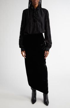 A draped panel across the front brings soft asymmetric dimension to a black-velvet midi skirt styled in a sophisticated wrap silhouette. Button closure Lined 69% viscose, 31% cupro Dry clean Made in Italy Designer Clothing