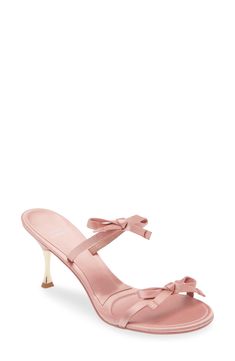 Dainty bows tie around your foot in this svetle sandal lofted by a contemporary flared heel. 3" heel Leather and textile upper/textile lining/synthetic sole Imported Hoco Heels, Light Pink Heels, Heels Bow, Hairstyling Products, Bow Bow, Rollerball Perfume, Bow Sandals, Pink Heels, Fabric Gift Bags