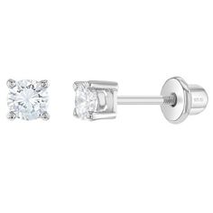 These timeless and very tiny stud earrings with screw backs are the perfect gift to start her jewelry collection. Set in the classic four-prong setting and feature round cubic zirconia. Crafted entirely in 925 sterling silver and cubic zirconia stone, they are hypoallergenic and safe for children with sensitive ears. They feature a threaded earring post and back to ensure your child's earrings stay safely and comfortably in place.  A complimentary gift box is included. Teen Necklaces, Teen Earrings, Teen Jewelry, Baby Earrings, Kids Rings, Tiny Studs, Earring Post, Kids Earrings, Women's Jewelry Sets