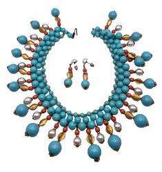 Vintage Miriam Haskell Turquoise Coral Egyptian Bib Drop Necklace Earrings | eBay Antique Victorian Jewelry, Turquoise Dangling Beads Costume Jewelry, Turquoise Costume Jewelry With Dangling Beads, Miriam Haskell Jewelry, Miriam Haskell, Coral Turquoise, Victorian Jewelry, Vintage Pins, Drop Necklace