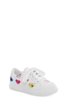 A sparkly array of metallic rainbow hearts will delight the tiny trendsetter strutting the playground in this sporty sneaker brimming with charm. Lace-up style Removable insole Leather upper/textile lining/rubber sole Imported Cute Multicolor Low-top Sneakers, Playful Low-top Sneakers With White Sole, Playful White Sneakers For School, Metallic Rainbow, Rainbow Hearts, Sporty Sneakers, Rainbow Heart, Kurt Geiger, Up Styles