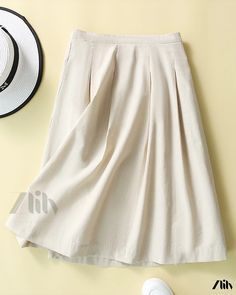 Zlily - Academy Style Cotton and Linen A-Line Skirt Beige Solid Color Pleated Skirt For Summer, Non-stretch Beige Pleated Skirt For Summer, Beige Solid Color Pleated Skirt For Spring, Beige Non-stretch Pleated Skirt For Summer, Beige Pleated Skirt For Spring, Beige Pleated Skirt For Summer Day Out, Beige A-line Summer Skirt, Casual Beige Pleated Skirt For Summer, Spring Cream A-line Bottoms