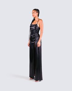 Walk into any room and steal the show in this glamorous two piece look ⭐ This satin black maxi dress is paired with a black sequin corset for a fit that gives off a powerful bad b*tch energy that will be impossible to ignore 🖤 Floor-length Evening Dress With Corset Back For Night Out, Full Length Satin Dress For Night Out, Full-length Satin Dress For Night Out, Satin Floor-length Maxi Dress For Night Out, Glamorous Satin Maxi Dress For Prom Season, Glamorous Evening Maxi Dress With Corset Back, Glamorous Satin Evening Maxi Dress, Glamorous Satin Maxi Dress For Evening, Party Maxi Dress With Corset Back