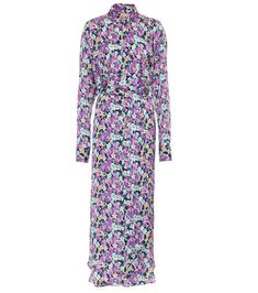 Throwback florals have never felt more modern than with this purple midi dress from Plan C. Made from crêpe de chine, it has a figure-skimming silhouette with a smart shirt collar and a button-down placket, along with a sash-tie waist. Our editors are particularly taken with the '90s-era bias-cut midi skirt. Silk Floral Print Shirt Dress For Daywear, Silk Shirt Dress With Floral Print For Daywear, Silk Midi Dress With Floral Print For Work, Silk Shirt Dress For Spring, Silk Floral Print Maxi Dress For Work, Fitted Collared Rayon Dress, Long Shirt Dress For Spring Daywear, Collared Silk Dresses For Spring, Feminine Floral Print Shirt Dress For Work