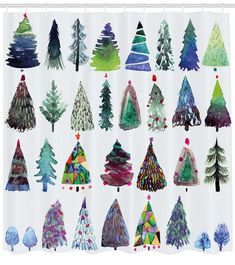 a shower curtain with many different trees painted on the front and back sides in various colors