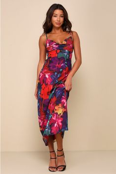 Everyone will admire your sophisticated silhouette in the Lulus Meant to Amaze Black Multi Abstract Floral Cowl Slip Maxi Dress! Lightweight woven chiffon boasts a stunning abstract floral print as it shapes adjustable spaghetti straps and a bodice with a drapy cowl neckline. Slip-style silhouette continues with a figure-skimming waist and a lightly flaring maxi skirt. Hidden zipper/clasp at back. Fit: This garment fits true to size. Length: Ankle length. Size medium measures 54.5" from adjustable straps to hem. Bust: Great for any cup size. Waist: Fitted - very fitted at natural waist. Hip: Loosely Fitted. Undergarments: May be worn with a strapless bra, adhesive bra, petals, or no bra. Fabric: Fabric has no stretch. Dress is lined, bust is unlined and semi-sheer. Shell: 100% Polyester. L Summer Wedding Guest Dresses, Aloha Dress, Flare Maxi Skirt, Slip Maxi Dress, Elegant Summer Dresses, Destination Wedding Dress, Summer Wedding Outfits, Tropical Dress, Summer Wedding Guest