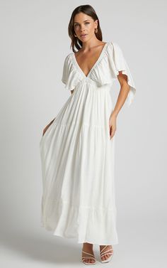 Lyrad Midi Dress - Linen Look Empire Waist Textured Dress in White A-line Rayon Dress For Vacation, Flowy A-line Dress For Brunch, Flowy A-line Brunch Dress, Spring Maxi Beach Dress For Brunch, Elegant A-line Maxi Dress For Vacation, Spring Brunch Maxi Beach Dress, Elegant Maxi Beach Dress For Spring, Elegant Spring Maxi Beach Dress, Lined Maxi Dress For Brunch