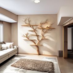 a living room filled with furniture and a tree shaped shelf on the wall above it