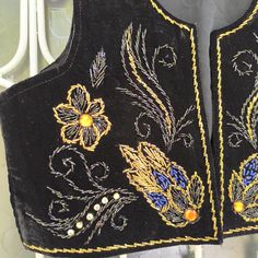 Embellished Bohemian Sleeveless Vest, Bohemian Black Embroidered Vest, Black Floral Embroidery Sleeveless Vest, Black Folk Style Festival Vest, Traditional Black Vest For Festival, Traditional Fitted Black Vest, Womens Black Vest, Velvet Vest, Vintage Vest