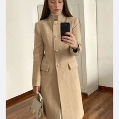 Gorgeous Brown Zara Tailored Coat. Nwt. Size M Elegant Outerwear With Stand Collar And Covered Buttons, Beige Outerwear With Suit Collar And Buttons, Classic Outerwear With Stand Collar For Office, Classic Stand Collar Outerwear For Office, Formal Beige Button-up Outerwear, Beige Stand Collar Blazer With Buttons, Beige Stand Collar Outerwear For Office, Beige Stand Collar Blazer, Beige Single Breasted Blazer With Stand Collar