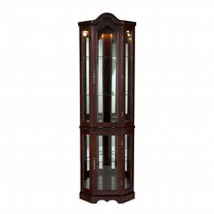 a tall wooden display case with two glass doors on the top and bottom shelves in dark wood