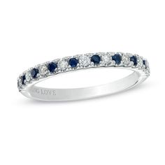 Vera Wang Love Collection 1/8 CT. T.W. Diamond and Blue Sapphire Wedding Band in 14K White Gold Blue Sapphire Band Ring, Diamond And Sapphire Band, Gem Stone Wedding Band, Wedding Band With Sapphire, Sapphire Diamond Wedding Band, Sapphire Wedding Set, Blue Sapphire Wedding Band, Blue Diamond Jewelry, Montana Sapphires