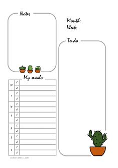 a notebook with notes and cactuses on it