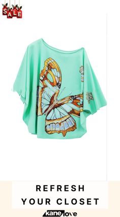 Resort Inspired Butterfly Print Off-shoulder Top Green Butterfly Sleeve Tops For Spring, Summer Vacation Blouse With Butterfly Sleeves, Summer Butterfly Sleeve Printed Blouse, One Shoulder Summer Beach Top, Summer Printed Blouse With Butterfly Sleeves, Casual Summer Blouse With Butterfly Print, One-shoulder Summer Beach Top, Trendy Summer Tops With Batwing Sleeves, Trendy Batwing Sleeve Top For Summer