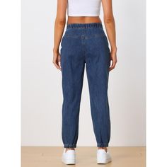 These pants is made up of several design points: high waist, elastic waist back, washed denim, elastic ankle cuff design, casual jogger jeans with side pockets, suitable for most of shape body. Elastic ankle cuffs, Pull on and button closure, basic denim pants. You can pair it with your favorite wedges or heels for that effortless stylish look. Also, you can add sneakers for a casual jogging style, an essential for every fashion women or girl. Occasion: Casual, dating, work, street, traveling, s High Waist Mom Fit Jeans With Pockets, High Waist Blue Jeans With Pull-on Style, Mom Fit Medium Wash Denim Bottoms, Medium Wash Denim Mom Fit Bottoms, Trendy High Waist Jeans With Elastic Waistband, Non-stretch High Waist Denim Blue Cargo Jeans, High Waist Elastic Jeans In Medium Wash, Non-stretch High Waist Denim Cargo Jeans, High Waist Jeans With Elastic Band In Medium Wash