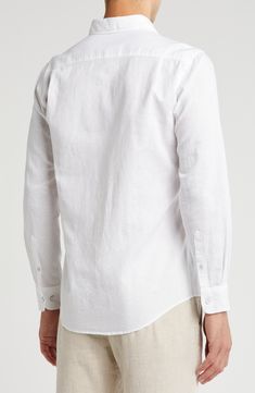 Linen and cotton create a breathable fit in this refined button-up shirt that's rendered in a neutral hue for easy pairing. 30 1/2" length (size X-Large) Front button closure Spread collar Long sleeves with button cuffs 55% linen, 45% cotton Machine wash, line dry Imported Traditional Fit Cotton Summer Tops, Traditional Fit Cotton Tops For Summer, White Linen Shirt With Button Cuffs, Classic Relaxed Fit Shirt With Button Closure, Classic Linen Shirt With Button Closure, Traditional Fit Cotton Tops For Spring, Spring Cotton Tops With Traditional Fit, Classic Unstructured Shirt With Button Closure, Relaxed Fit Cotton Dress Shirt With Button Closure