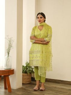 Natasha Pistachio Green Embroidered Cotton Silk Kurta Set (Set of 3) By Gulabo Jaipur now available at Trendroots Silk Kurta Set, Golden Embroidery, Silk Kurta, Pistachio Green, Organza Dupatta, Hand Work, Kurta Set, Green Fabric, Cotton Silk