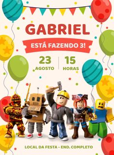 a birthday party flyer with balloons and characters in the shape of children's faces