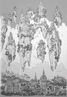 an ink drawing of a castle in the sky with mountains and trees around it, surrounded by clouds