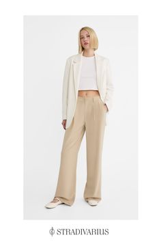 Full length straight-leg trousers with darts. Zip fly and top button fastening. Trendy Relaxed Fit Straight Pants, Wide-leg Cargo Pants For Work, Relaxed Fit Straight Leg Dress Pants, Straight Leg Dress Pants For Business Casual, Straight Fit Workwear Pants, Business Casual Straight Leg Dress Pants, Classic Wide-leg Cargo Pants For Work, Trendy Ankle-length Workwear Pants, Trendy Relaxed Fit Work Pants