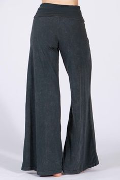 Another Fabulous Creation From Chatoyant! Soft and stretchy mineral wash wide leg pants with a wide fold-over waistband for comfort and support. Casual design in a relaxed fit, appealing on all body types for all day comfort (loungewear, everyday wear, travel, yoga, etc). Each item is hand-dyed for its unique character and american vintage laundered look, should expect variations in color and finishing. Stay Sexy! Fabric USA made Cotton/Spandex 95/5 Jersey Proudly made in the USA Casual Flare Cotton Yoga Pants, Stretch Washed Flare Bottoms, Washed Flare Bottoms With Stretch, Versatile Wide Leg Cotton Yoga Pants, Fitted Wide Leg Washed Black Bottoms, Gray Wide Leg Yoga Pants, Stretch Flare Washed Bottoms, Stretch Flare Bottoms Washed, Casual Stonewashed Wide Leg Bottoms