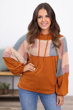 Rust Hooded Top With Colorblock Detail · Filly Flair Hooded Top, Grey Prints, Hooded Tops, Slate Blue, Large Bust, Small Bust, Color Blocking, Hand Wash, Long Sleeves