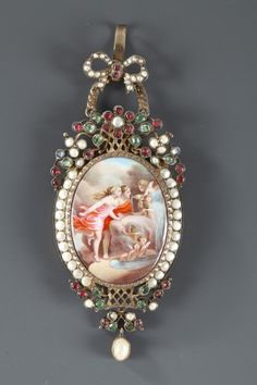 La Fontaine de l'Amour přívěsek poté, co Jean-Honoré Fragonard Hand Painted Jewelry, Egyptian Revival