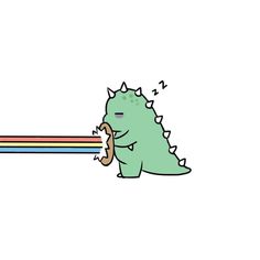 a cartoon dinosaur with a rainbow in the background