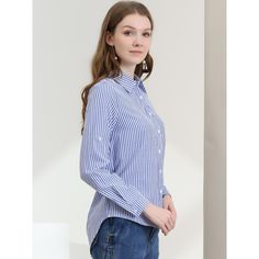 Clean stripes lend a graphic touch to this button-down shirt. A trendy high-low hem and roll-up sleeves for added laid-back appeal. Wear this on the weekend running errands or Sunday brunch. Pair it perfectly with your favorite trousers and heels for an instant charming outfit. Amp up your ensemble with this striped shirt. Light Blue Workwear Top With Button Closure, Light Blue Button Closure Top For Work, Light Blue Top With Button Closure For Work, Light Blue Button-up Workwear Top, Light Blue Button-up Office Tops, Light Blue Button-up Top For Work, Light Blue Button-up Top For Workwear, Light Blue Button-up Top For Office, Classic Blue Blouse For Day Out